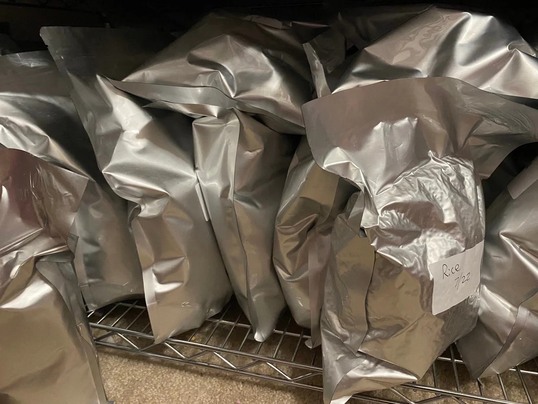 Rice and beans stored in mylar bags with oxygen absorbers
